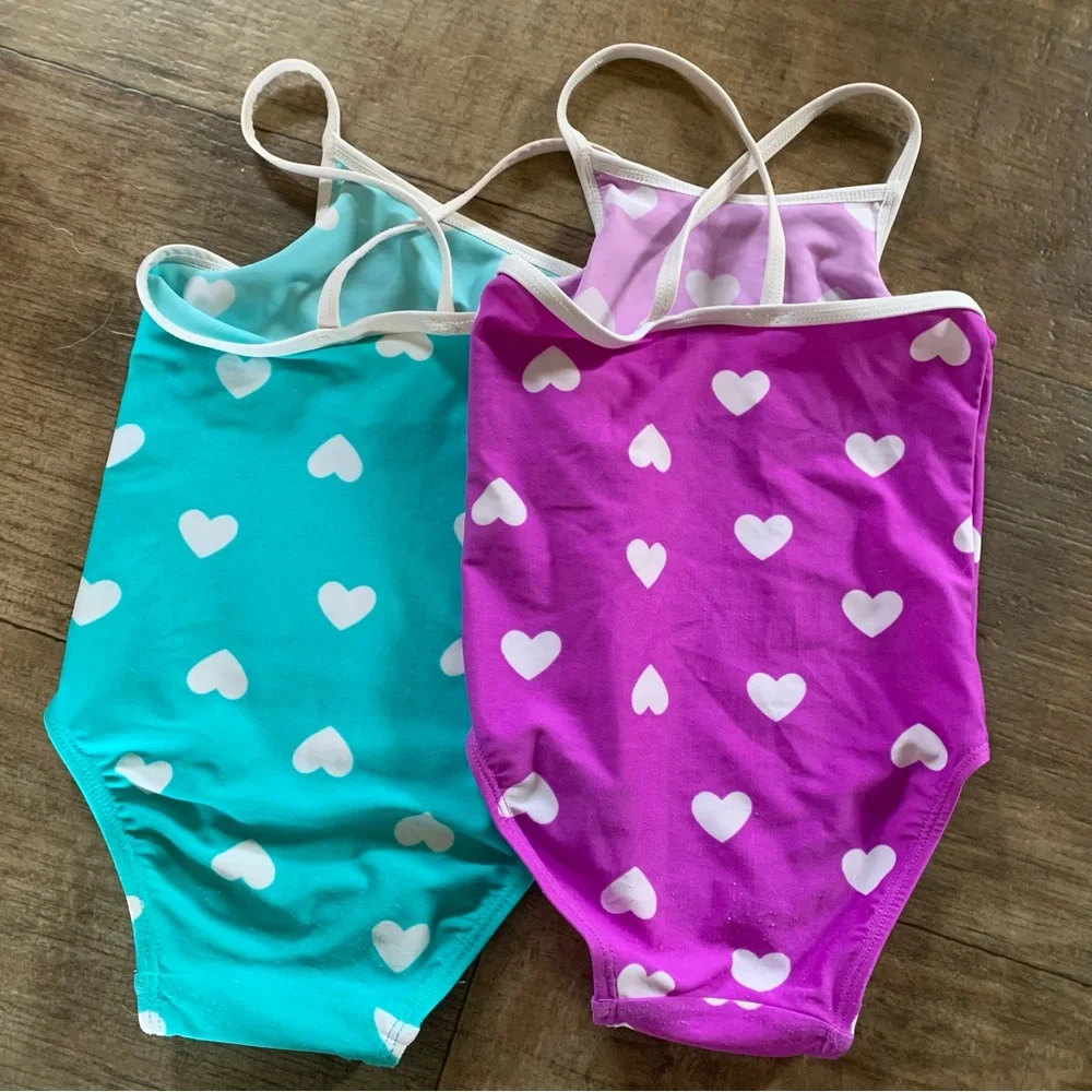 2 old navy hearts one piece swimsuits aqua and purple